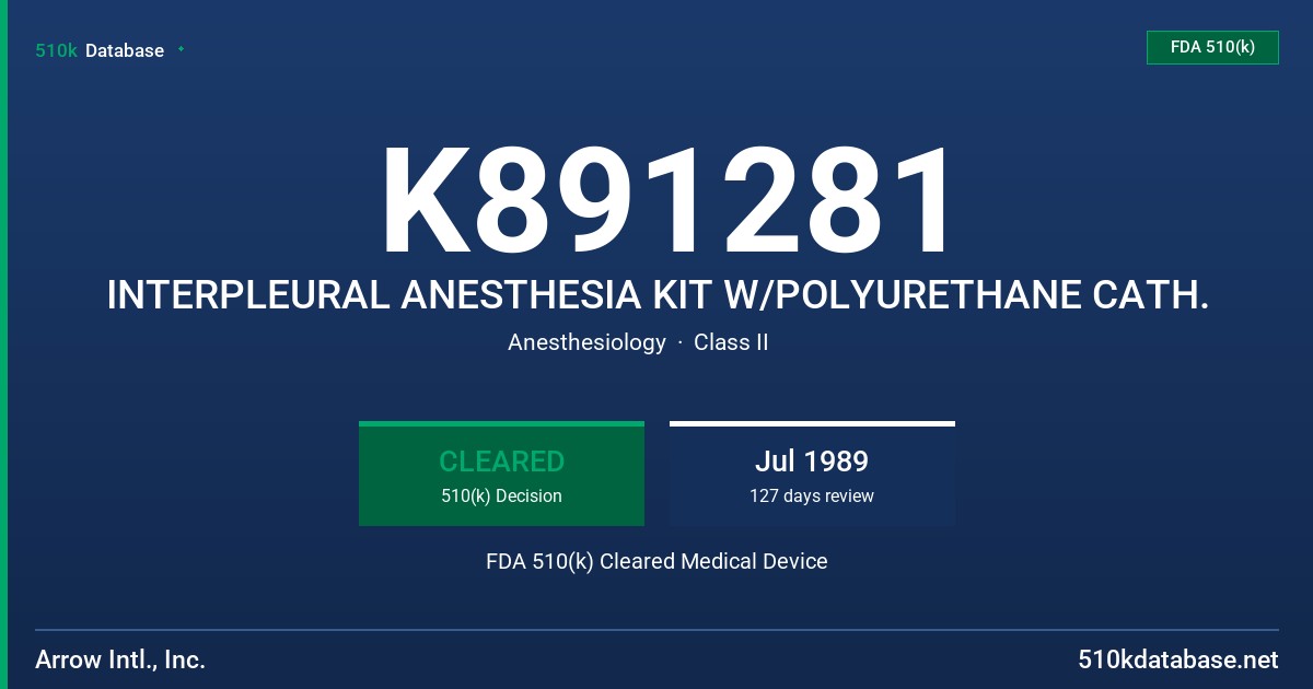 K891281 INTERPLEURAL ANESTHESIA KIT W/POLYURETHANE CATH. FDA 510(k) Cleared Medical Device