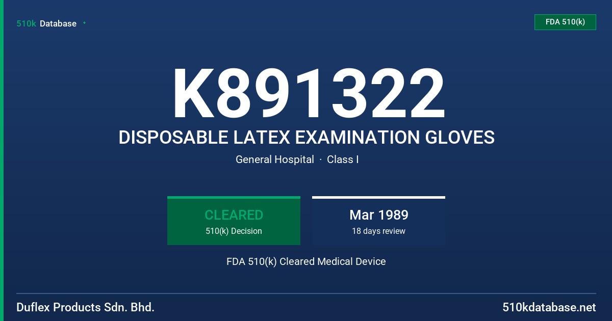 K891322 DISPOSABLE LATEX EXAMINATION GLOVES FDA 510(k) Cleared Medical Device