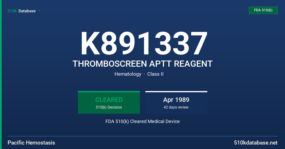 K891337 THROMBOSCREEN APTT REAGENT FDA 510(k) Cleared Medical Device