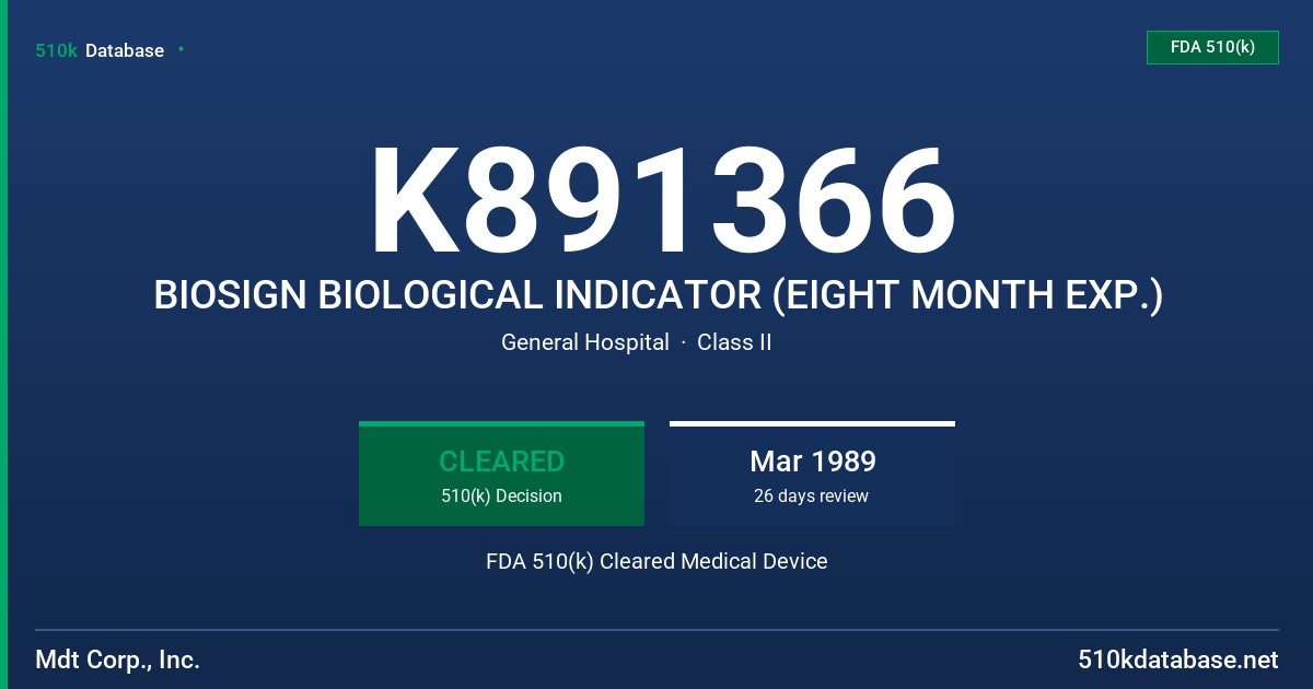K891366 BIOSIGN BIOLOGICAL INDICATOR (EIGHT MONTH EXP.) FDA 510(k) Cleared Medical Device