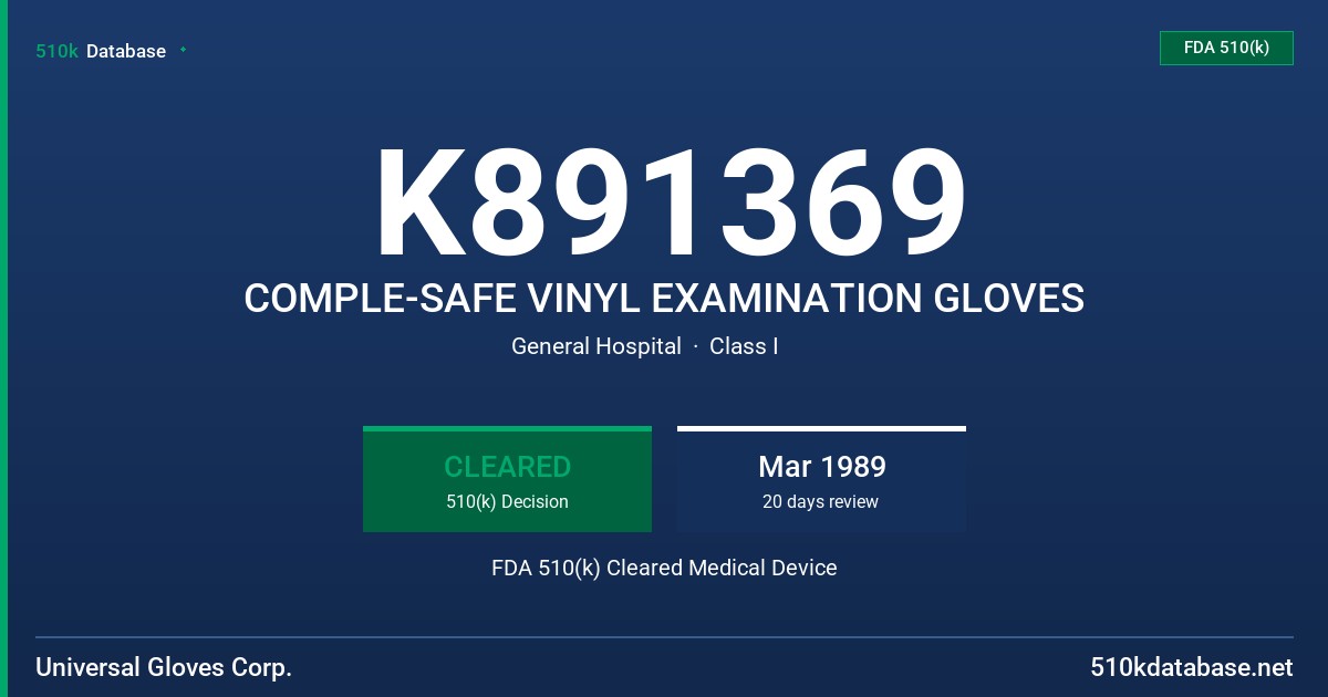 K891369 COMPLE-SAFE VINYL EXAMINATION GLOVES FDA 510(k) Cleared Medical Device