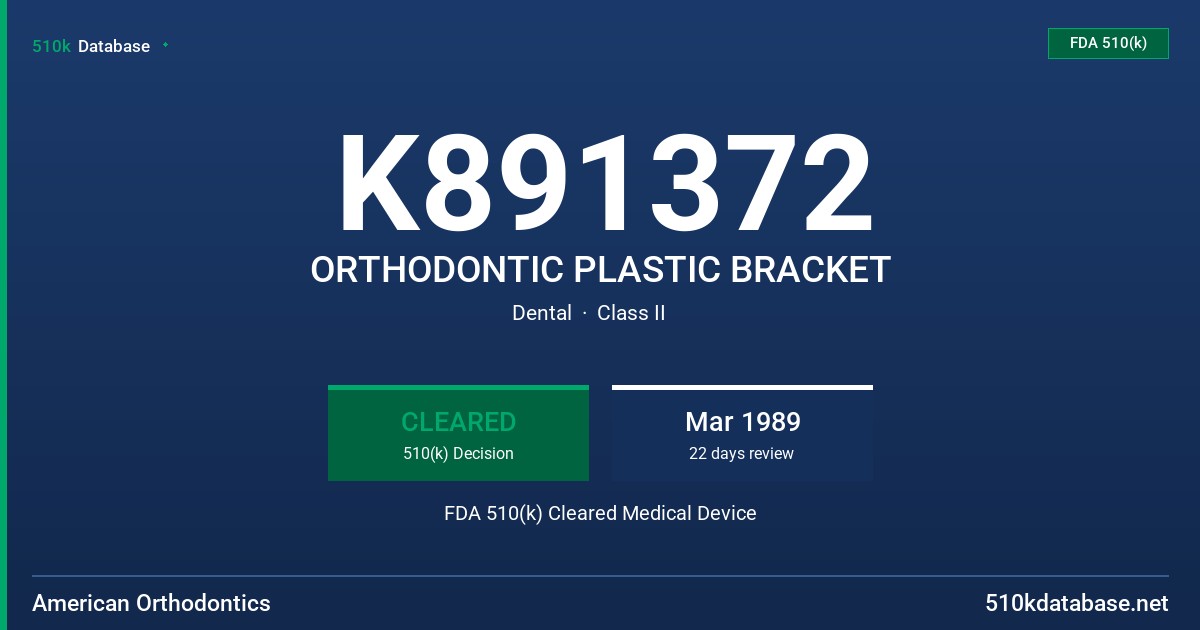 K891372 ORTHODONTIC PLASTIC BRACKET FDA 510(k) Cleared Medical Device
