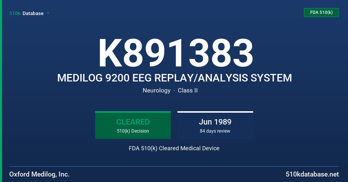 K891383 MEDILOG 9200 EEG REPLAY/ANALYSIS SYSTEM FDA 510(k) Cleared Medical Device