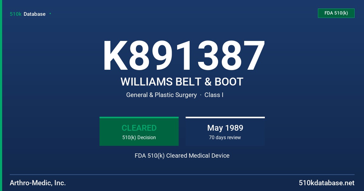 K891387 WILLIAMS BELT & BOOT FDA 510(k) Cleared Medical Device