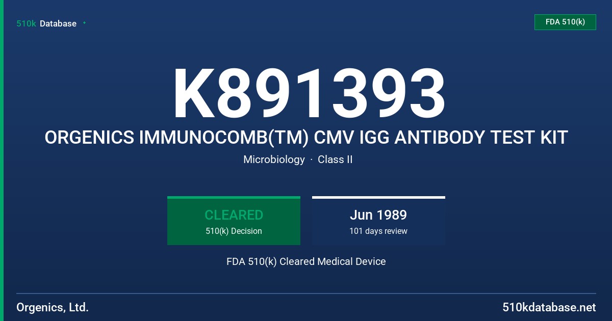 K891393 ORGENICS IMMUNOCOMB(TM) CMV IGG ANTIBODY TEST KIT FDA 510(k) Cleared Medical Device