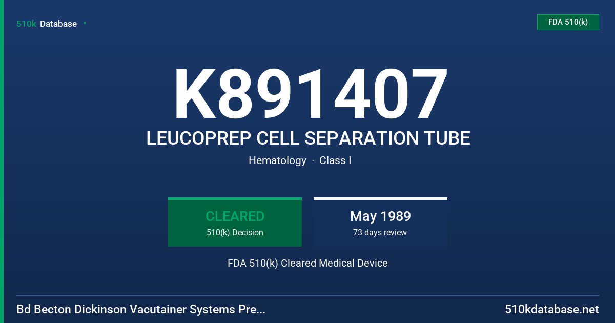 K891407 LEUCOPREP CELL SEPARATION TUBE FDA 510(k) Cleared Medical Device