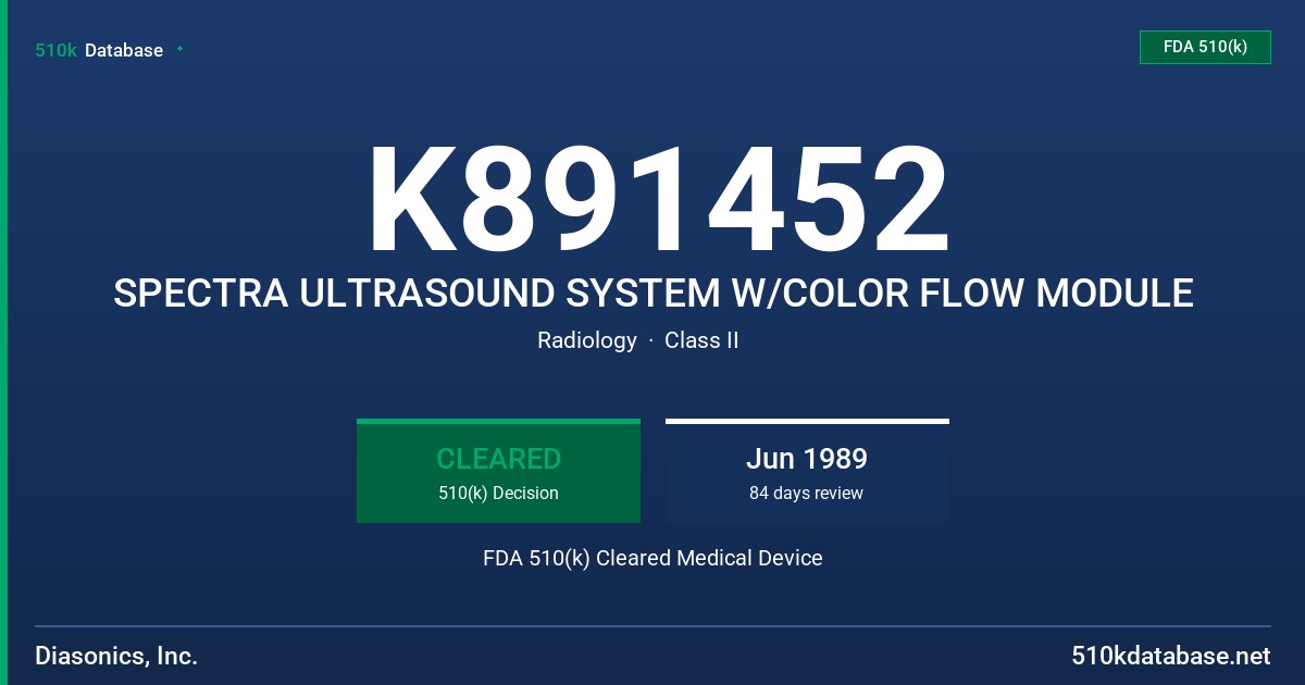 K891452 SPECTRA ULTRASOUND SYSTEM W/COLOR FLOW MODULE FDA 510(k) Cleared Medical Device
