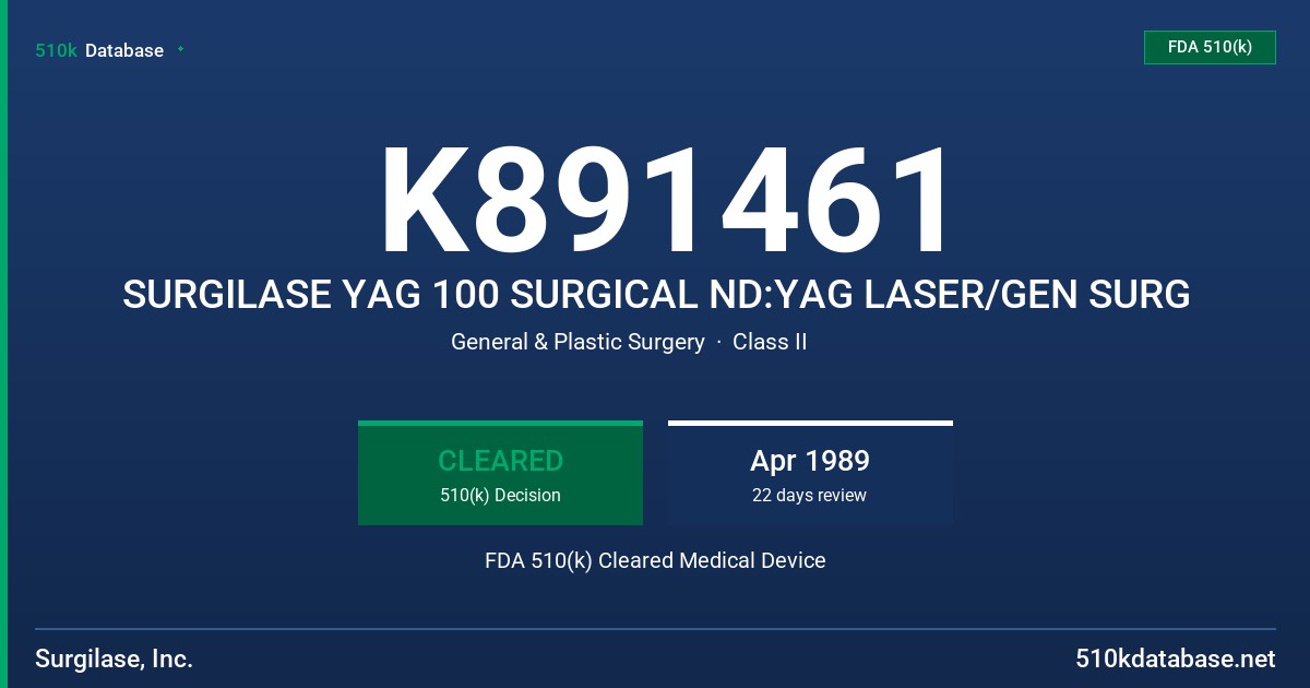 K891461 SURGILASE YAG 100 SURGICAL ND:YAG LASER/GEN SURG FDA 510(k) Cleared Medical Device