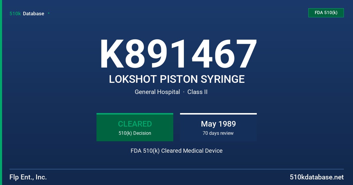 K891467 LOKSHOT PISTON SYRINGE FDA 510(k) Cleared Medical Device