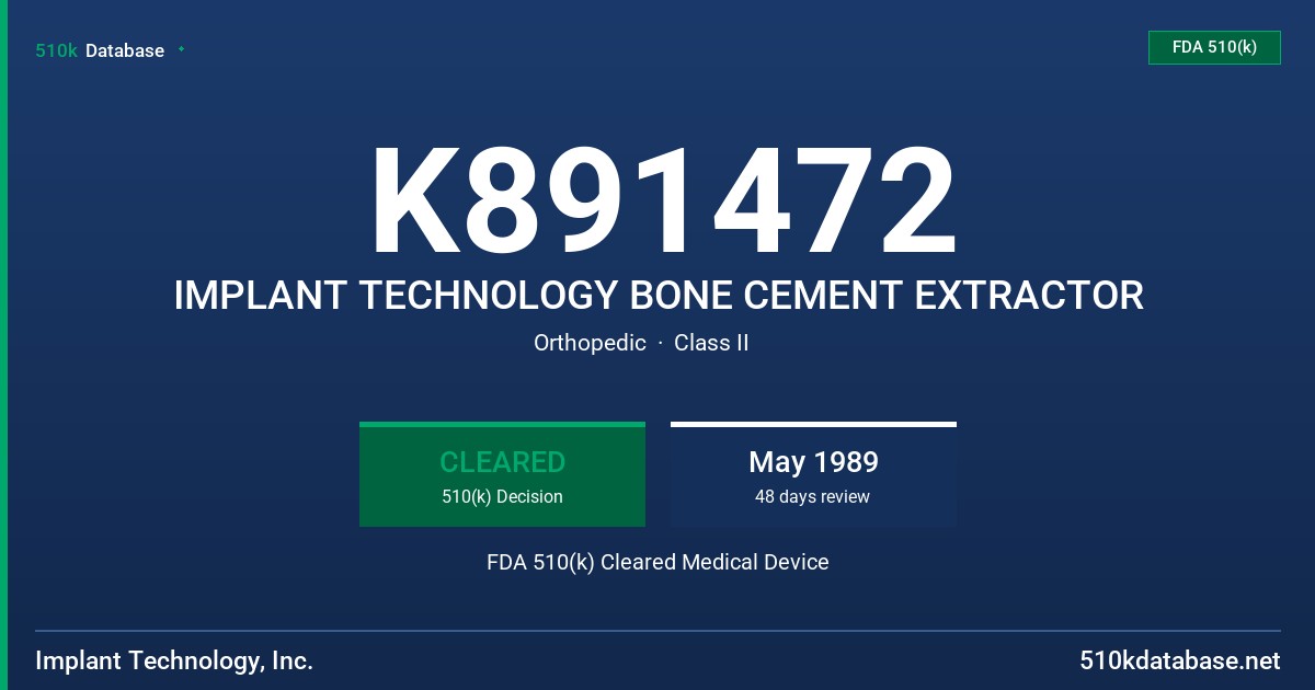 K891472 IMPLANT TECHNOLOGY BONE CEMENT EXTRACTOR FDA 510(k) Cleared Medical Device