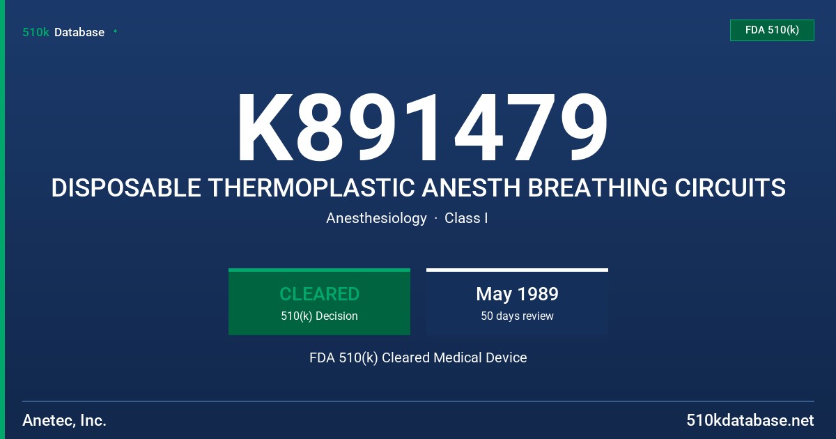 K891479 DISPOSABLE THERMOPLASTIC ANESTH BREATHING CIRCUITS FDA 510(k) Cleared Medical Device