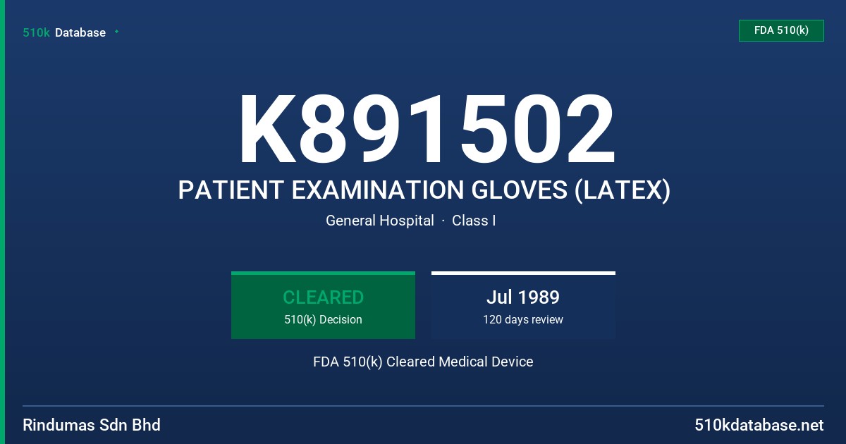K891502 PATIENT EXAMINATION GLOVES (LATEX) FDA 510(k) Cleared Medical Device
