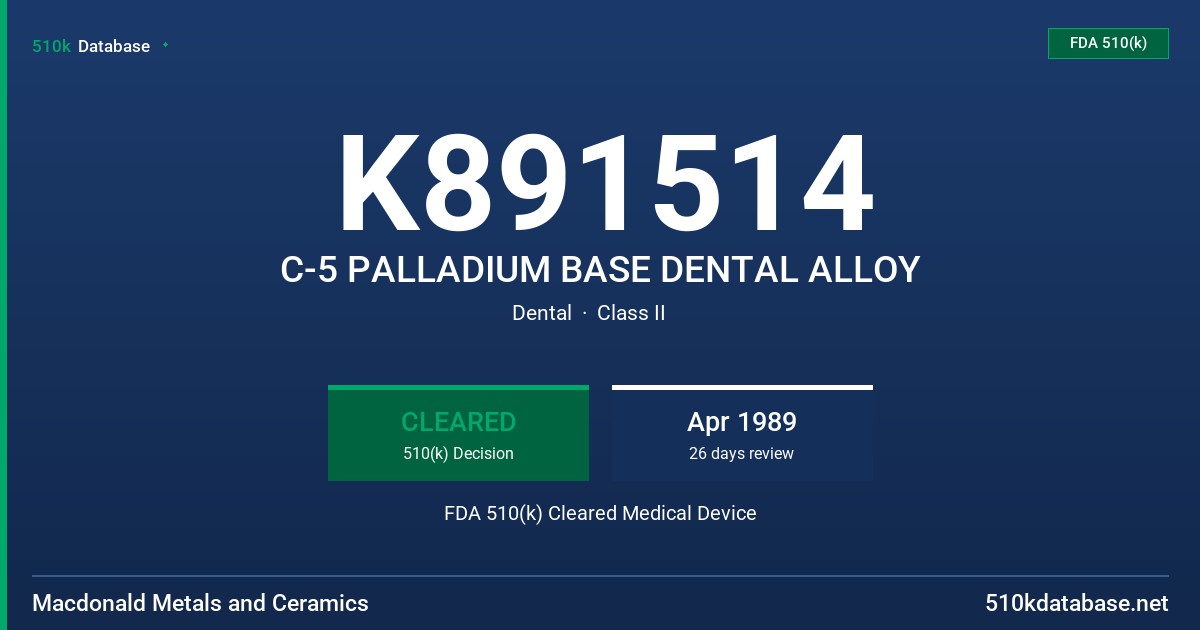 K891514 C-5 PALLADIUM BASE DENTAL ALLOY FDA 510(k) Cleared Medical Device