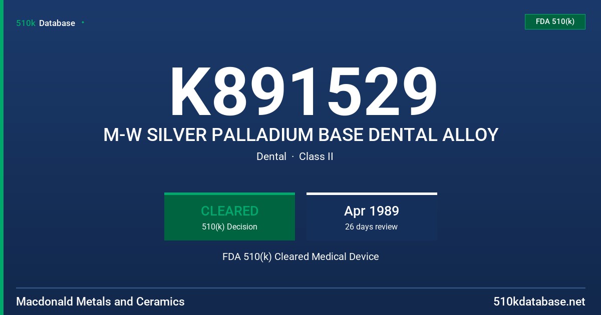 K891529 M-W SILVER PALLADIUM BASE DENTAL ALLOY FDA 510(k) Cleared Medical Device