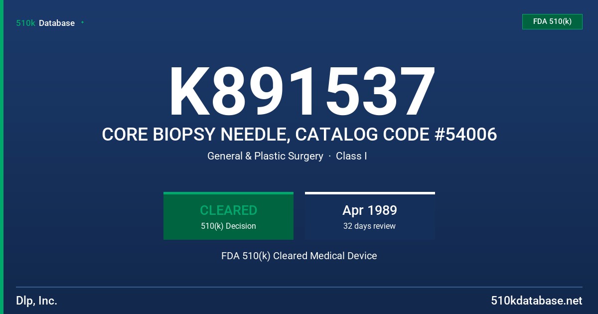 K891537 CORE BIOPSY NEEDLE, CATALOG CODE #54006 FDA 510(k) Cleared Medical Device