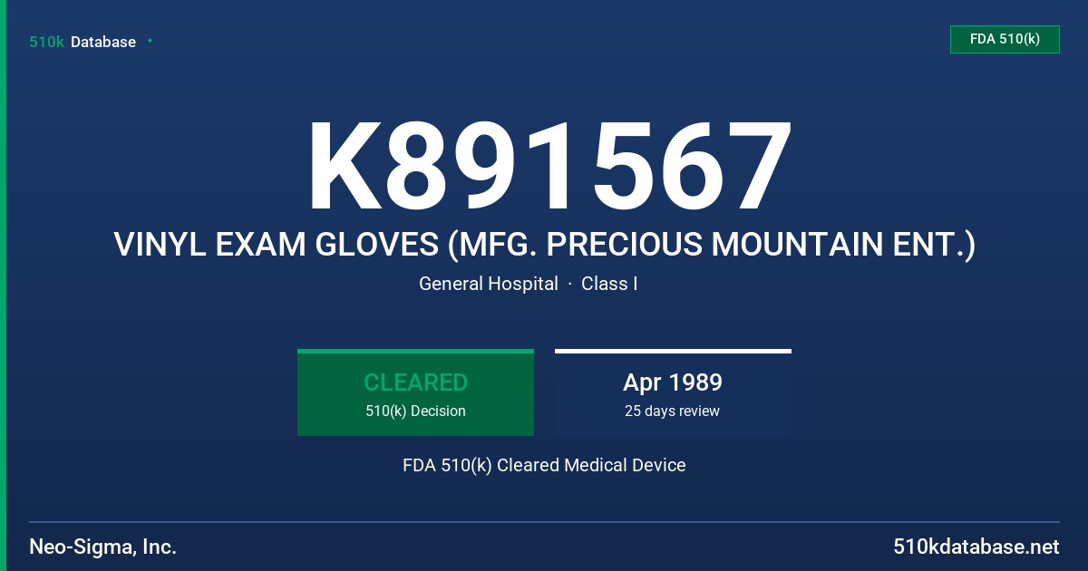 K891567 VINYL EXAM GLOVES (MFG. PRECIOUS MOUNTAIN ENT.) FDA 510(k) Cleared Medical Device