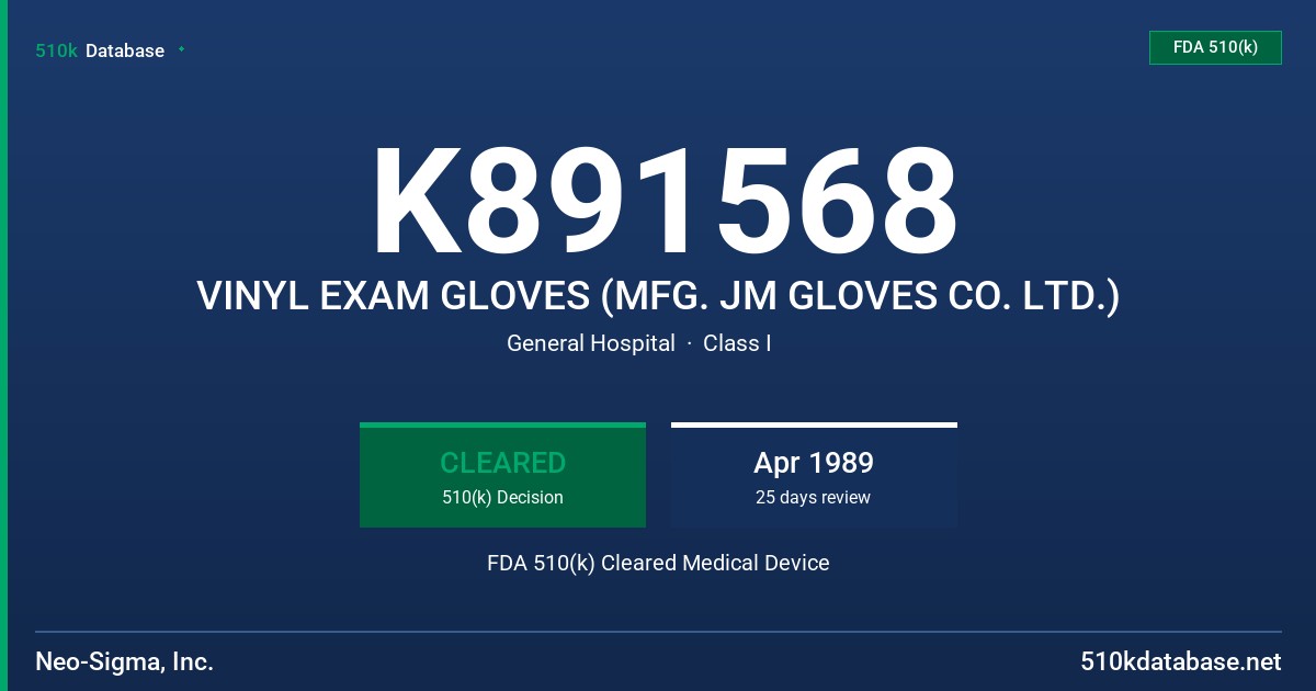 K891568 VINYL EXAM GLOVES (MFG. JM GLOVES CO. LTD.) FDA 510(k) Cleared Medical Device