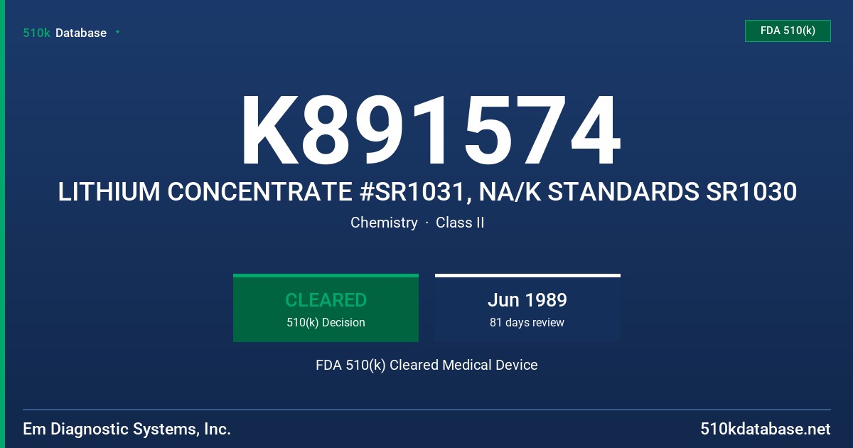 K891574 LITHIUM CONCENTRATE #SR1031, NA/K STANDARDS SR1030 FDA 510(k) Cleared Medical Device