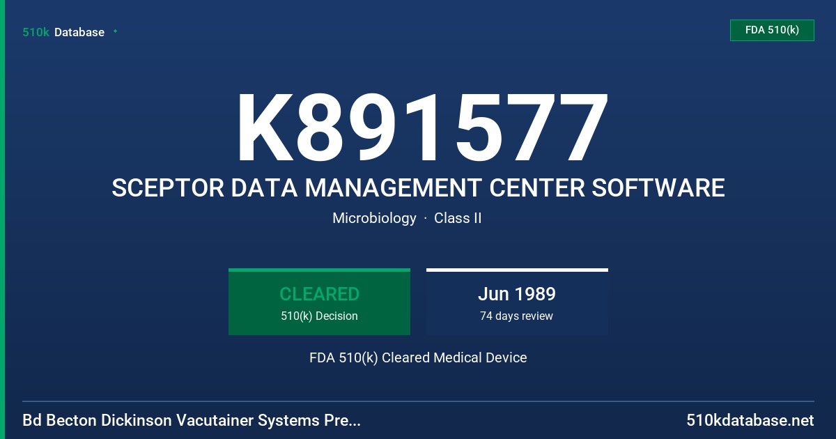 K891577 SCEPTOR DATA MANAGEMENT CENTER SOFTWARE FDA 510(k) Cleared Medical Device