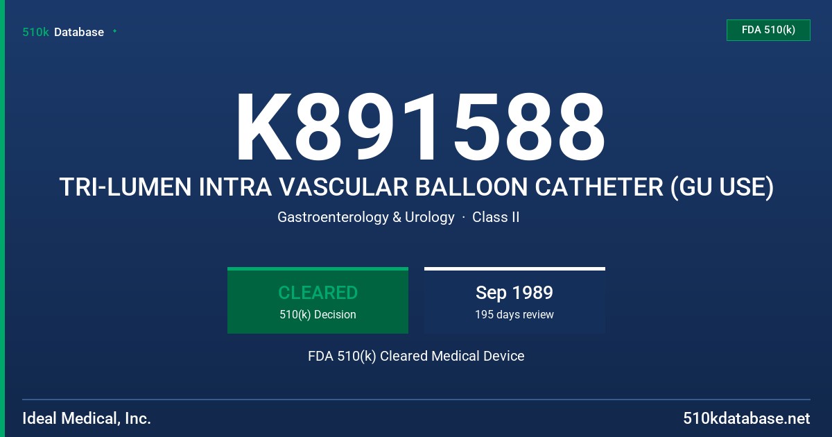 K891588 TRI-LUMEN INTRA VASCULAR BALLOON CATHETER (GU USE) FDA 510(k) Cleared Medical Device