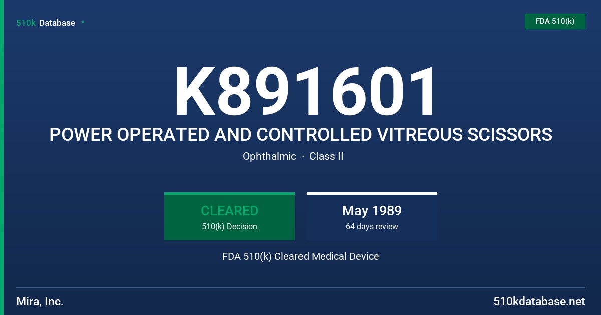 K891601 POWER OPERATED AND CONTROLLED VITREOUS SCISSORS FDA 510(k) Cleared Medical Device