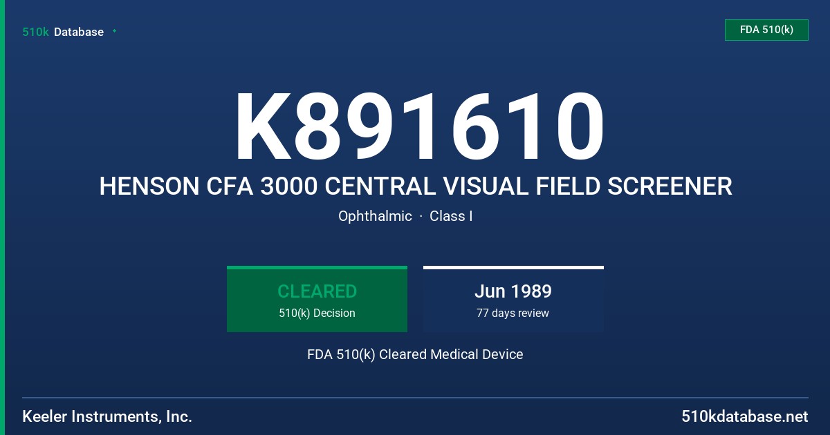 K891610 HENSON CFA 3000 CENTRAL VISUAL FIELD SCREENER FDA 510(k) Cleared Medical Device
