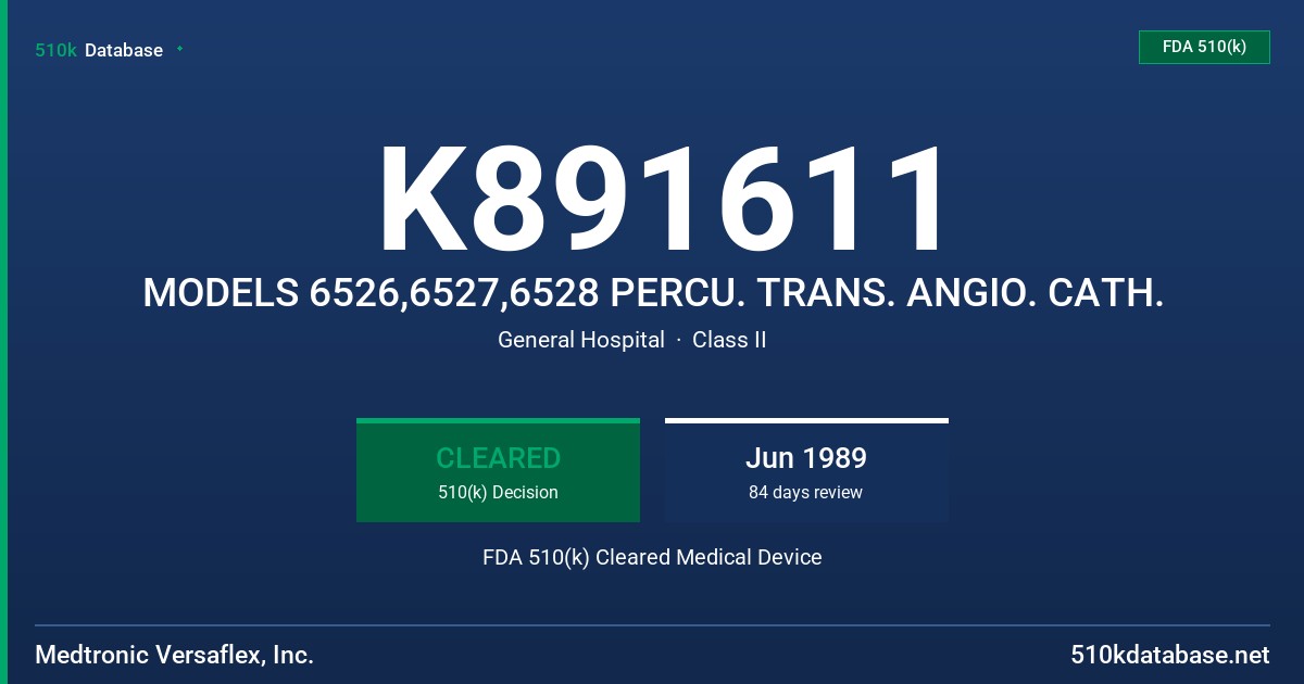 K891611 MODELS 6526,6527,6528 PERCU. TRANS. ANGIO. CATH. FDA 510(k) Cleared Medical Device