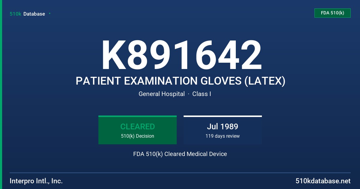 K891642 PATIENT EXAMINATION GLOVES (LATEX) FDA 510(k) Cleared Medical Device