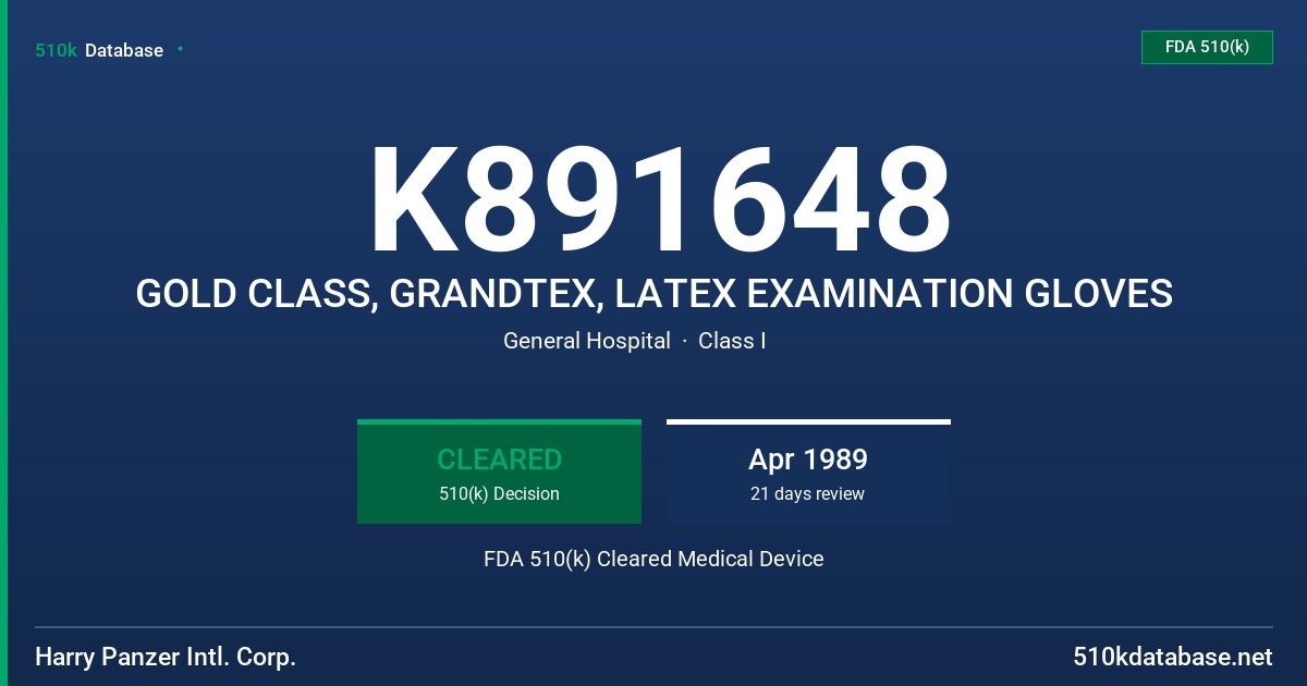 K891648 GOLD CLASS, GRANDTEX, LATEX EXAMINATION GLOVES FDA 510(k) Cleared Medical Device
