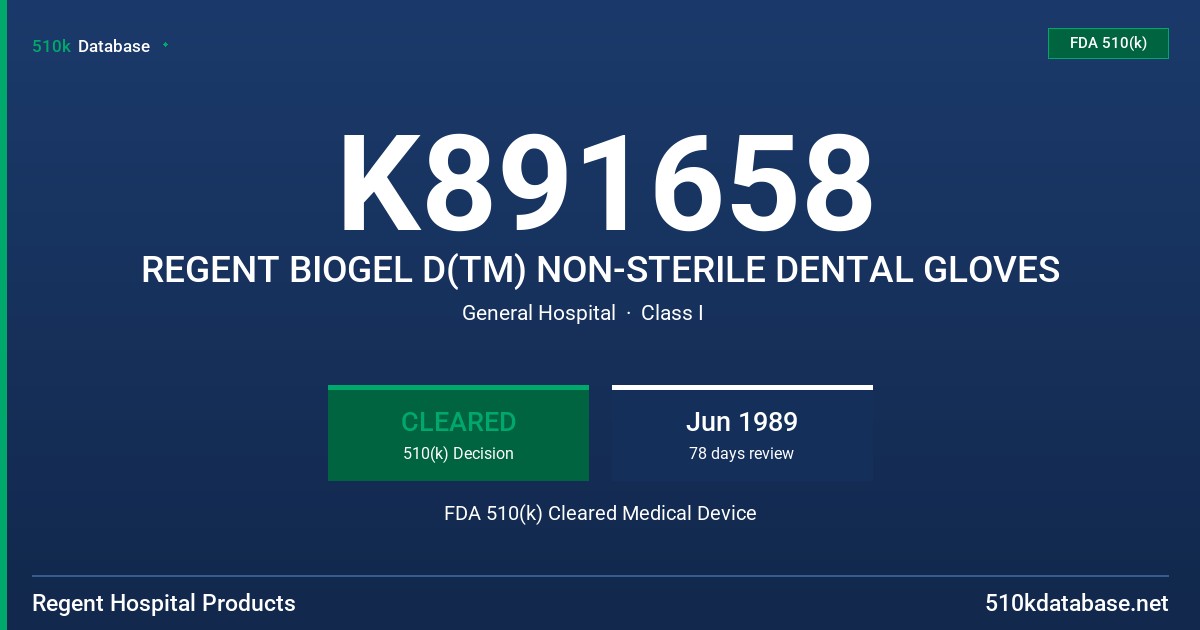 K891658 REGENT BIOGEL D(TM) NON-STERILE DENTAL GLOVES FDA 510(k) Cleared Medical Device