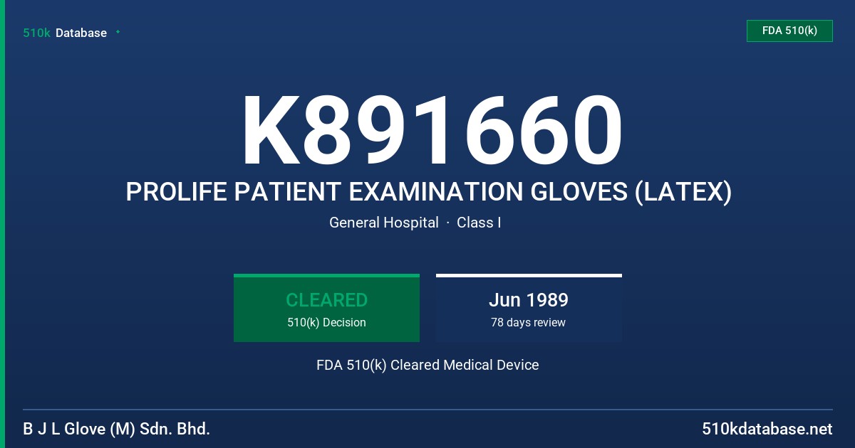 K891660 PROLIFE PATIENT EXAMINATION GLOVES (LATEX) FDA 510(k) Cleared Medical Device