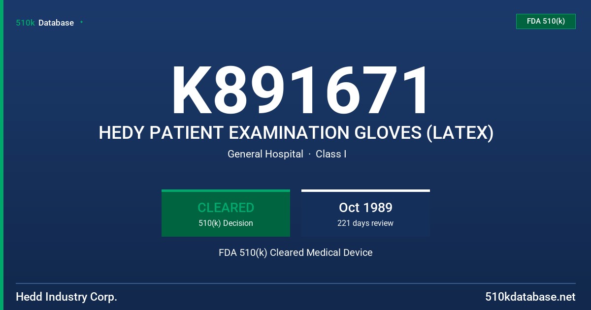 K891671 HEDY PATIENT EXAMINATION GLOVES (LATEX) FDA 510(k) Cleared Medical Device