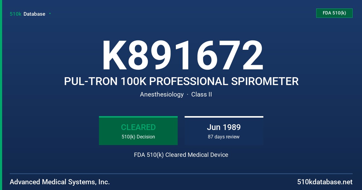 K891672 PUL-TRON 100K PROFESSIONAL SPIROMETER FDA 510(k) Cleared Medical Device
