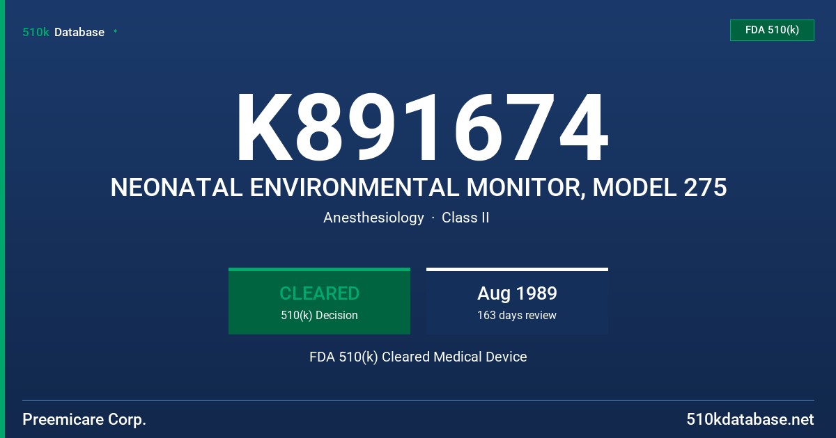 K891674 NEONATAL ENVIRONMENTAL MONITOR, MODEL 275 FDA 510(k) Cleared Medical Device