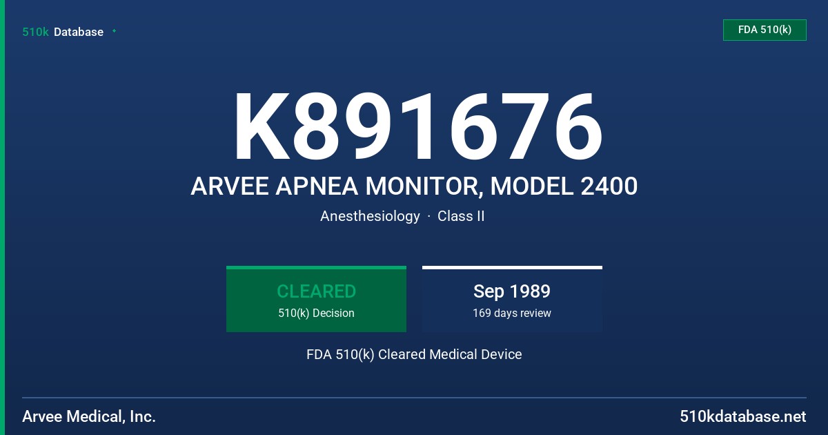 K891676 ARVEE APNEA MONITOR, MODEL 2400 FDA 510(k) Cleared Medical Device
