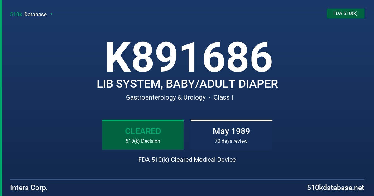K891686 LIB SYSTEM, BABY/ADULT DIAPER FDA 510(k) Cleared Medical Device