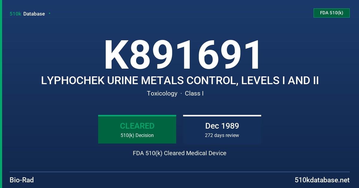 K891691 LYPHOCHEK URINE METALS CONTROL, LEVELS I AND II FDA 510(k) Cleared Medical Device