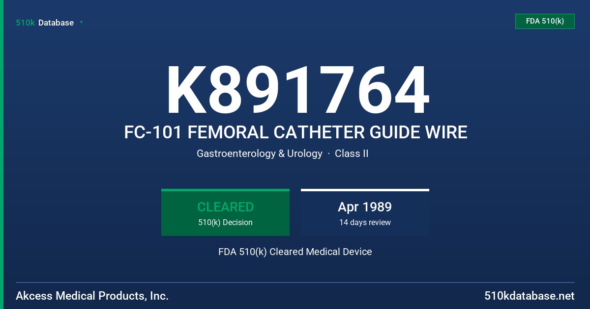 K891764 FC-101 FEMORAL CATHETER GUIDE WIRE FDA 510(k) Cleared Medical Device