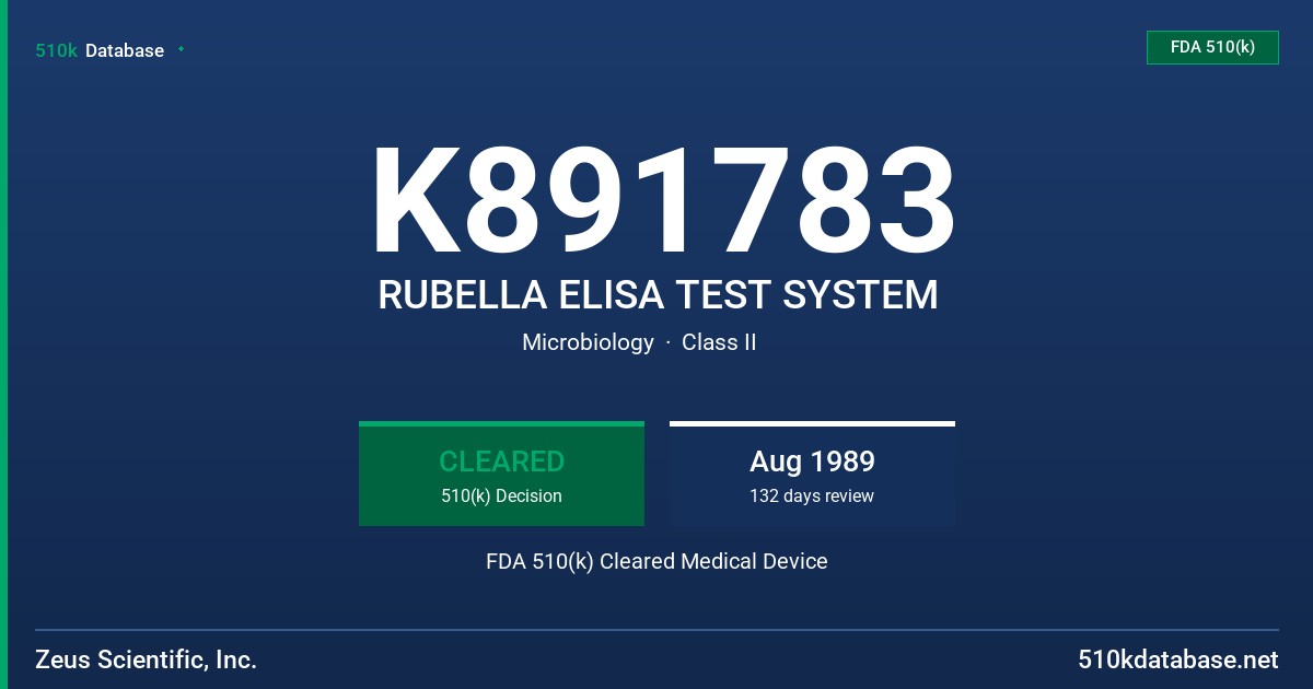 K891783 RUBELLA ELISA TEST SYSTEM FDA 510(k) Cleared Medical Device