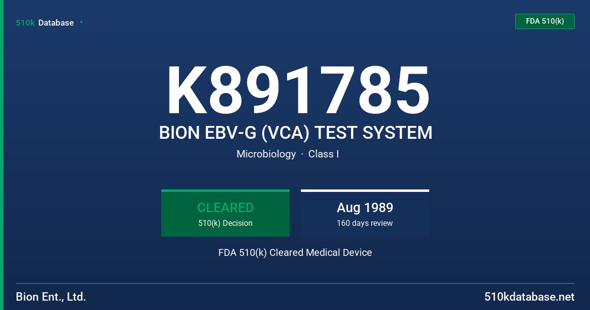 K891785 BION EBV-G (VCA) TEST SYSTEM FDA 510(k) Cleared Medical Device