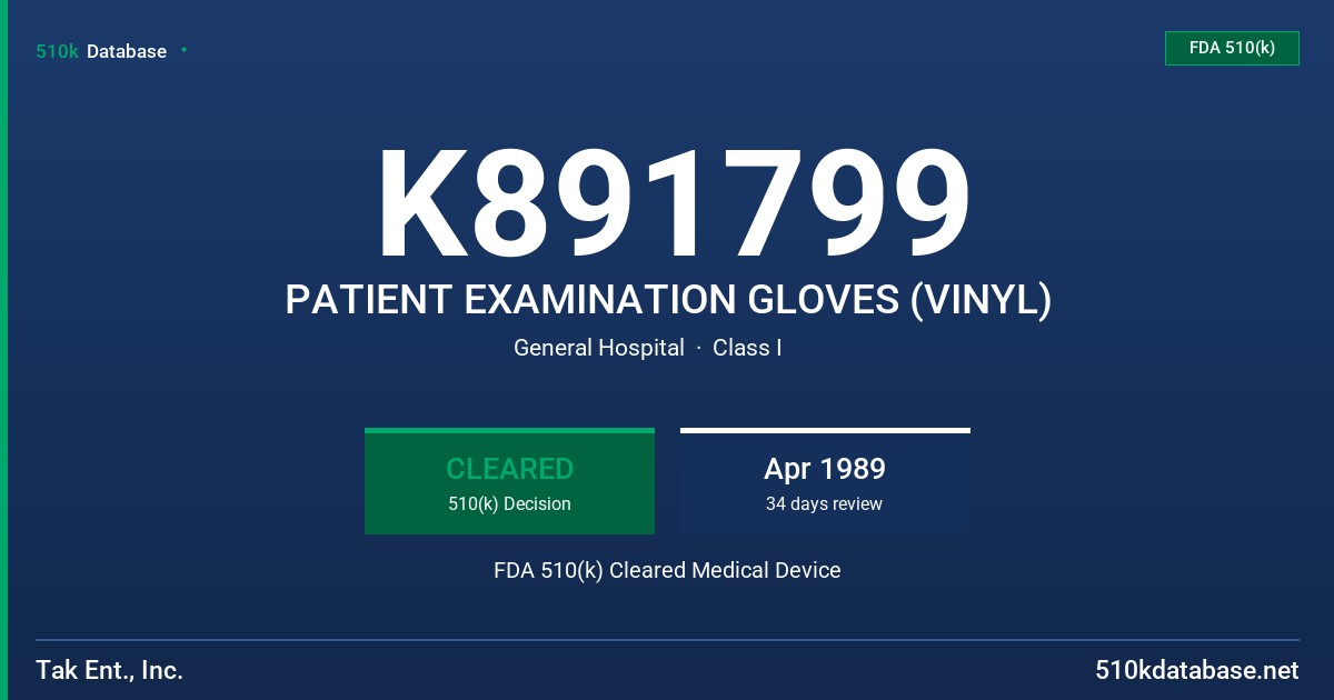 K891799 PATIENT EXAMINATION GLOVES (VINYL) FDA 510(k) Cleared Medical Device