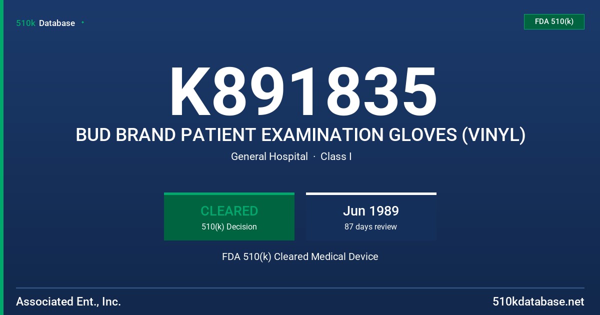 K891835 BUD BRAND PATIENT EXAMINATION GLOVES (VINYL) FDA 510(k) Cleared Medical Device