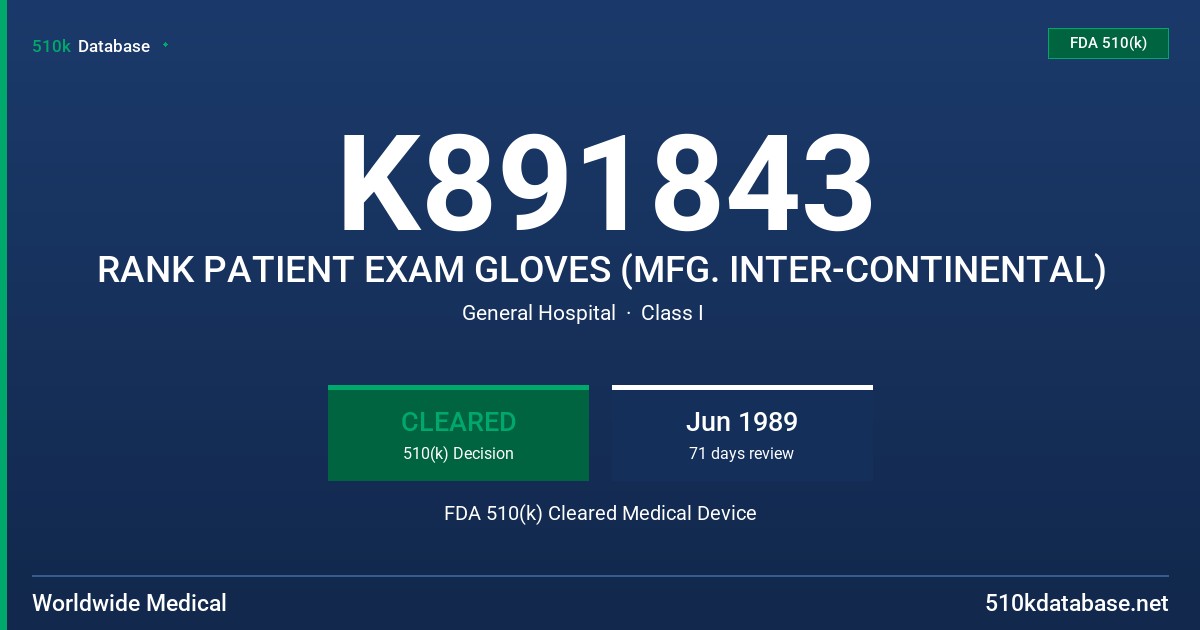 K891843 RANK PATIENT EXAM GLOVES (MFG. INTER-CONTINENTAL) FDA 510(k) Cleared Medical Device