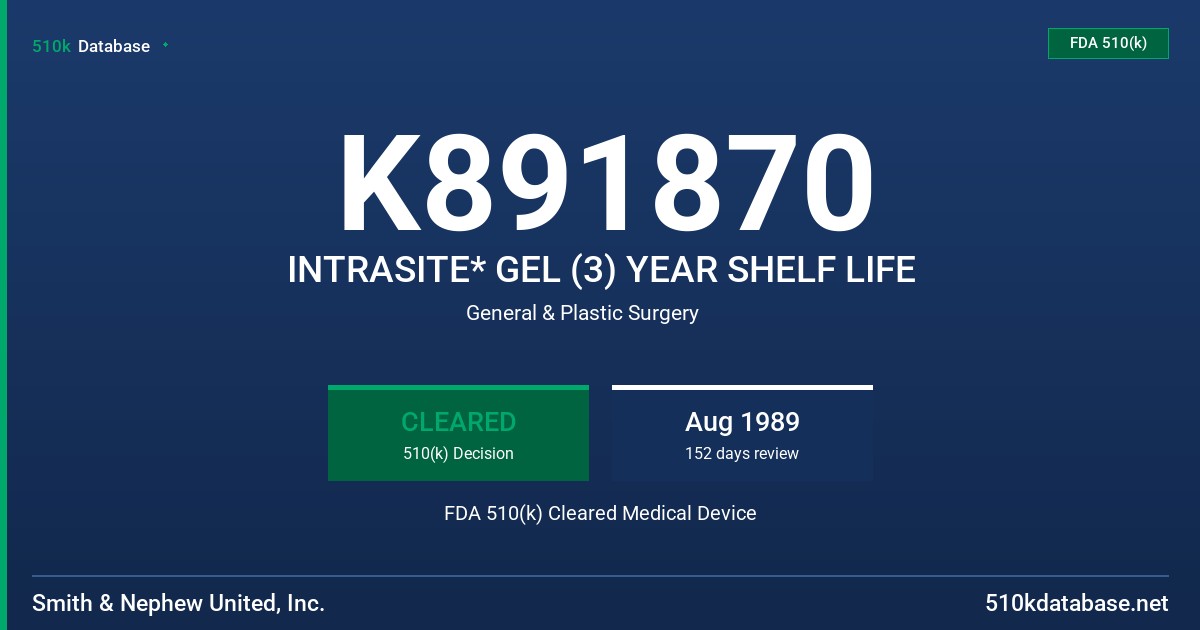 K891870 INTRASITE* GEL (3) YEAR SHELF LIFE FDA 510(k) Cleared Medical Device