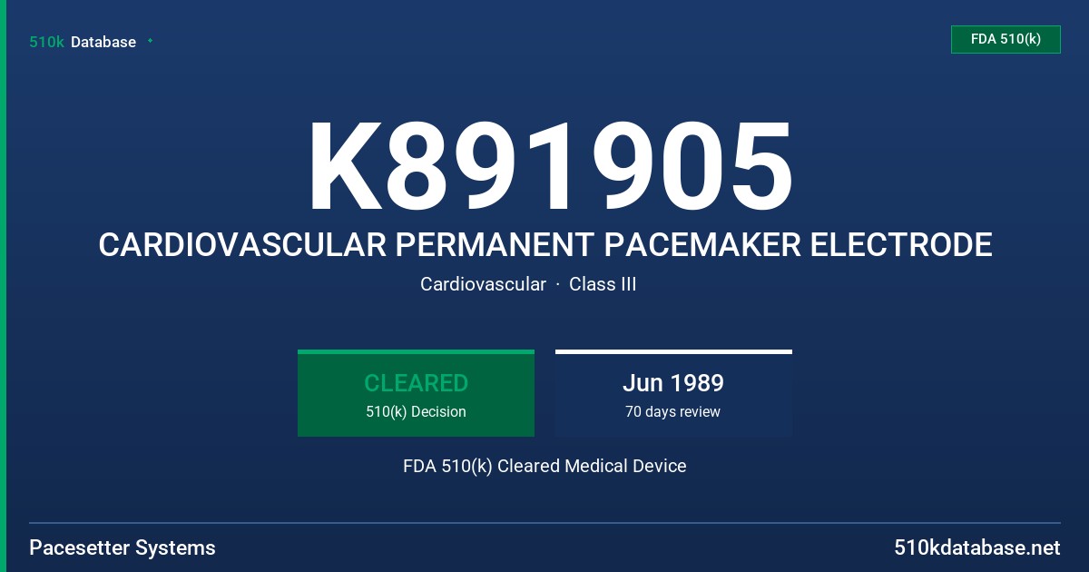 K891905 CARDIOVASCULAR PERMANENT PACEMAKER ELECTRODE FDA 510(k) Cleared Medical Device