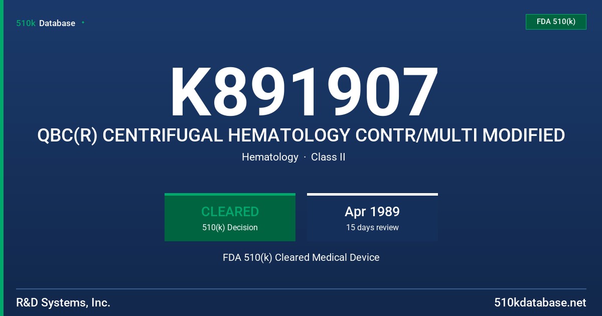 K891907 QBC(R) CENTRIFUGAL HEMATOLOGY CONTR/MULTI MODIFIED FDA 510(k) Cleared Medical Device