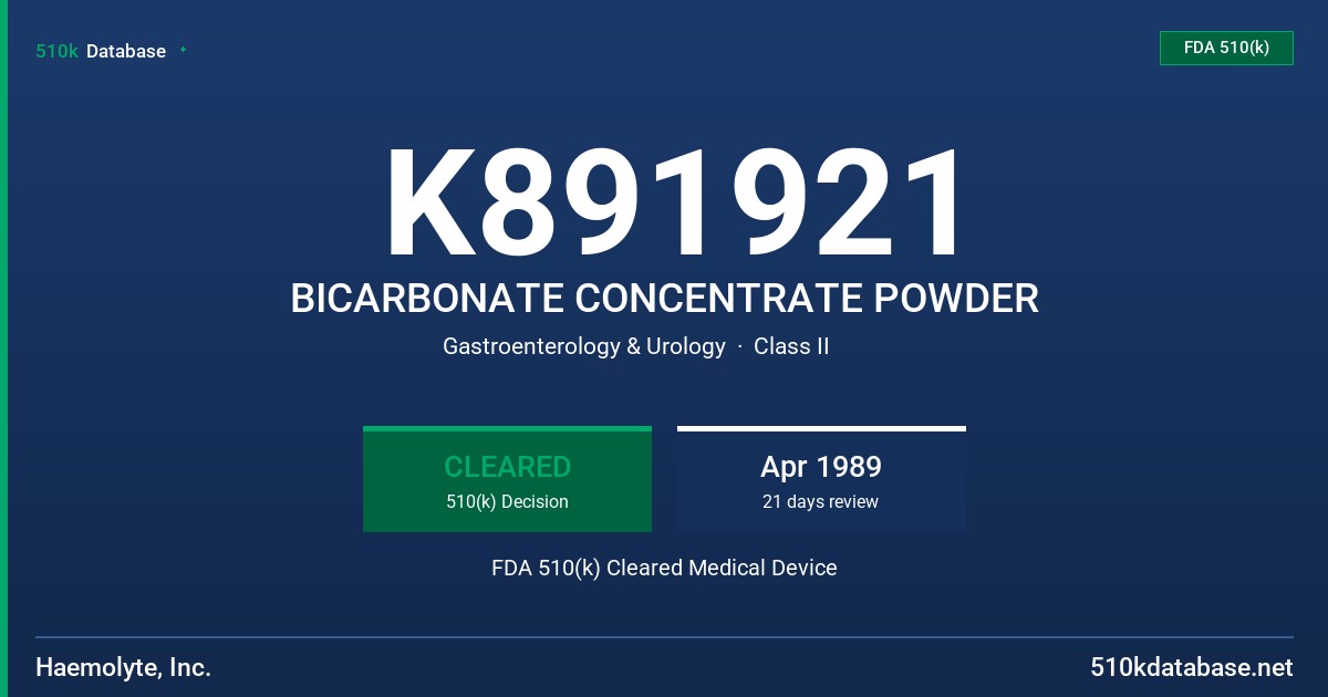 K891921 BICARBONATE CONCENTRATE POWDER FDA 510(k) Cleared Medical Device