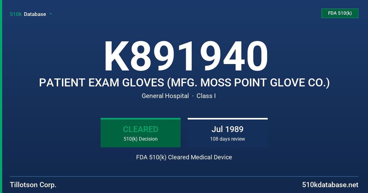 K891940 PATIENT EXAM GLOVES (MFG. MOSS POINT GLOVE CO.) FDA 510(k) Cleared Medical Device