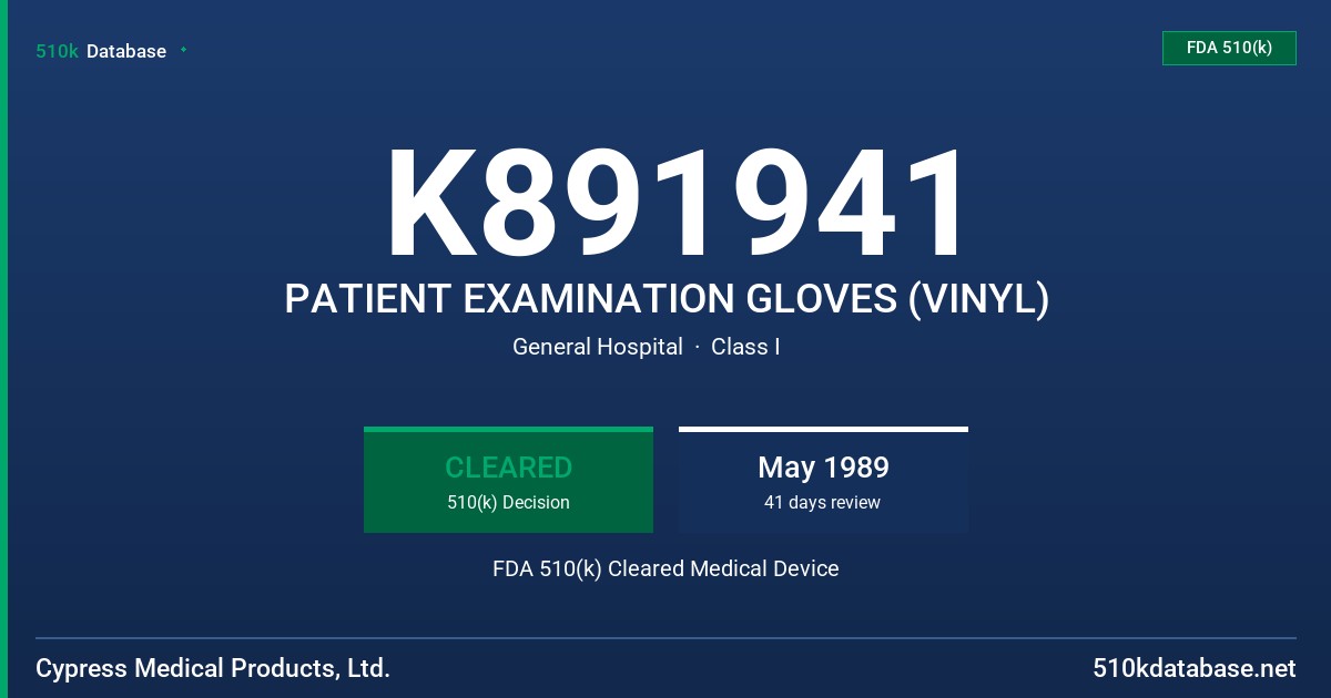 K891941 PATIENT EXAMINATION GLOVES (VINYL) FDA 510(k) Cleared Medical Device