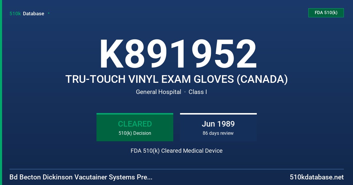 K891952 TRU-TOUCH VINYL EXAM GLOVES (CANADA) FDA 510(k) Cleared Medical Device